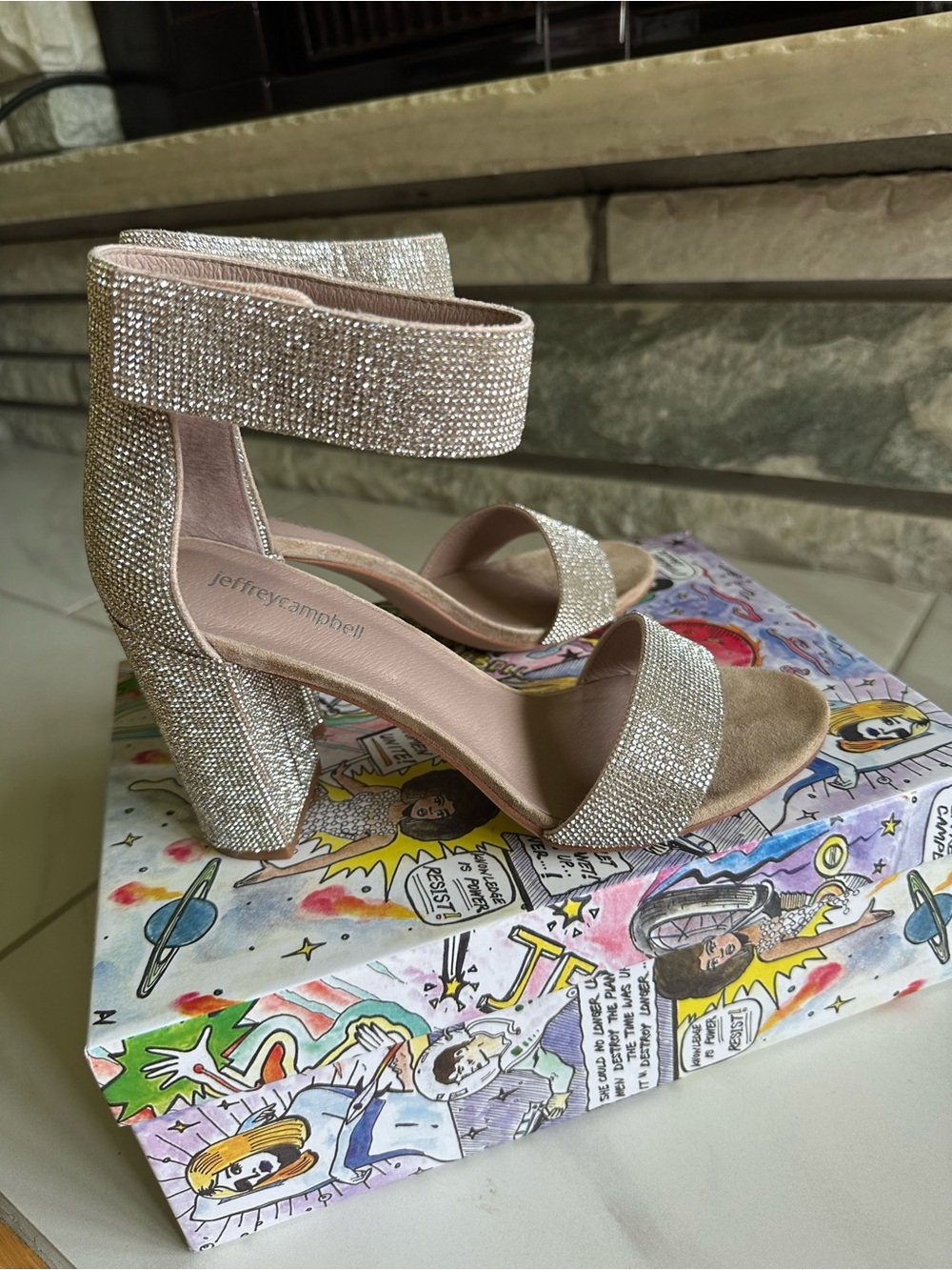 Jeffrey Campbell Embellished Crystal Block Heel Sandals in Blush Pink